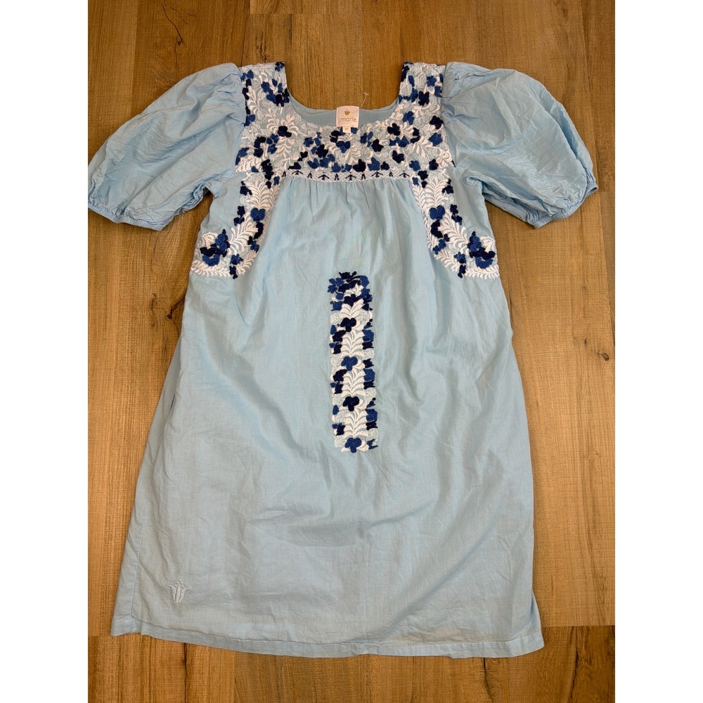 J. Marie Light Blue Floral Embroidered Puff Sleeve Shift Dress Square Neck XS